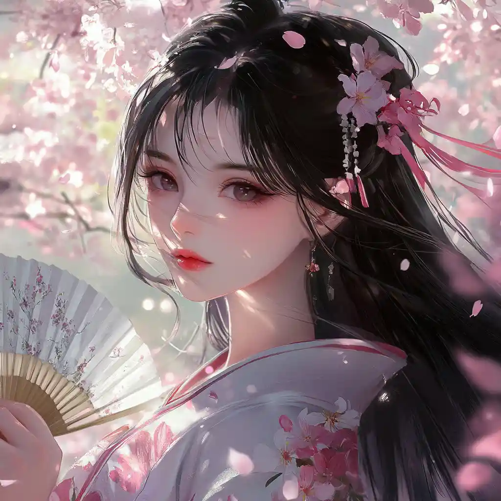 Anime girl with fan in cherry blossom garden