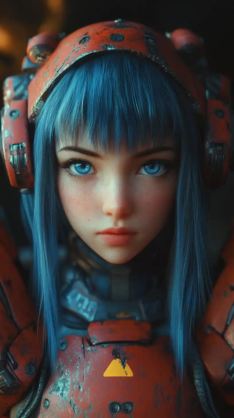 Anime cyber girl in red robot armor close up portrait