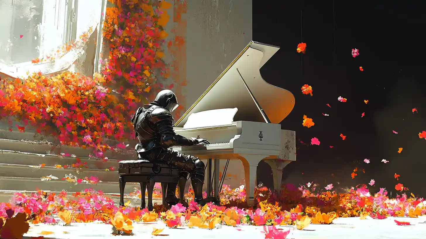 Armored paladin playing a white grand piano on stage