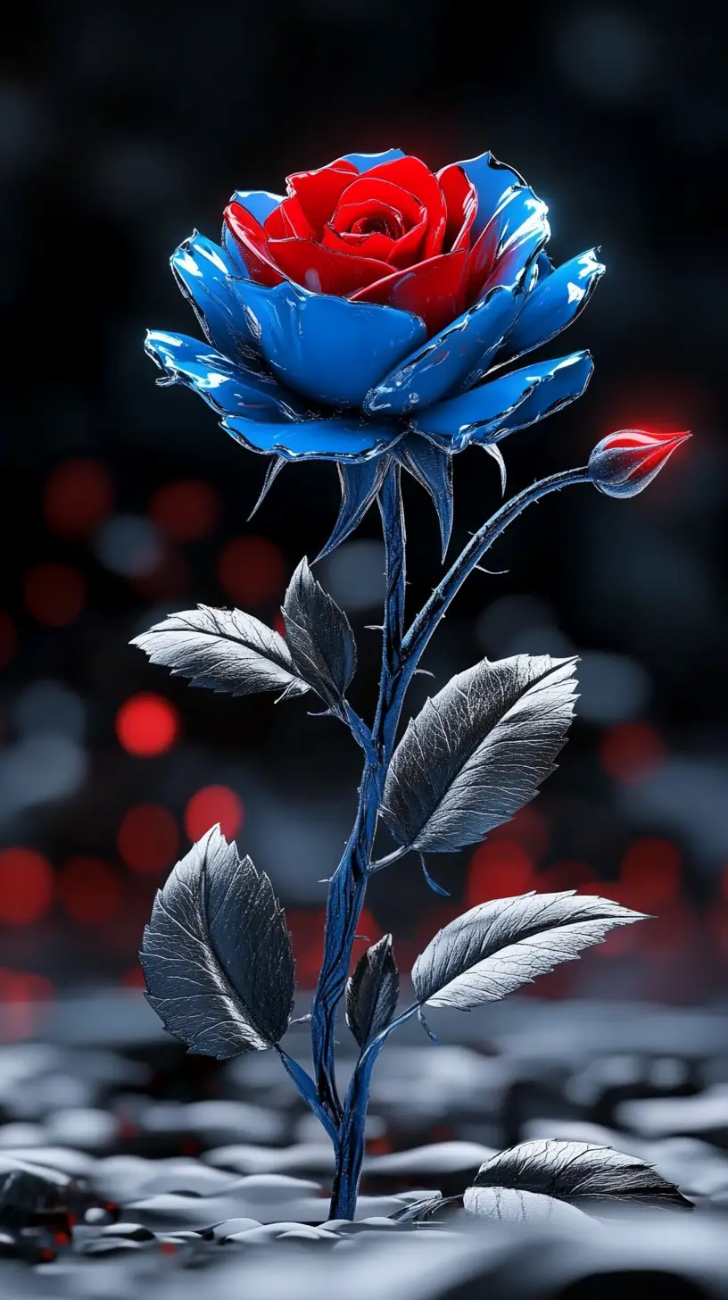 Blue and red rose blooming in winter frost