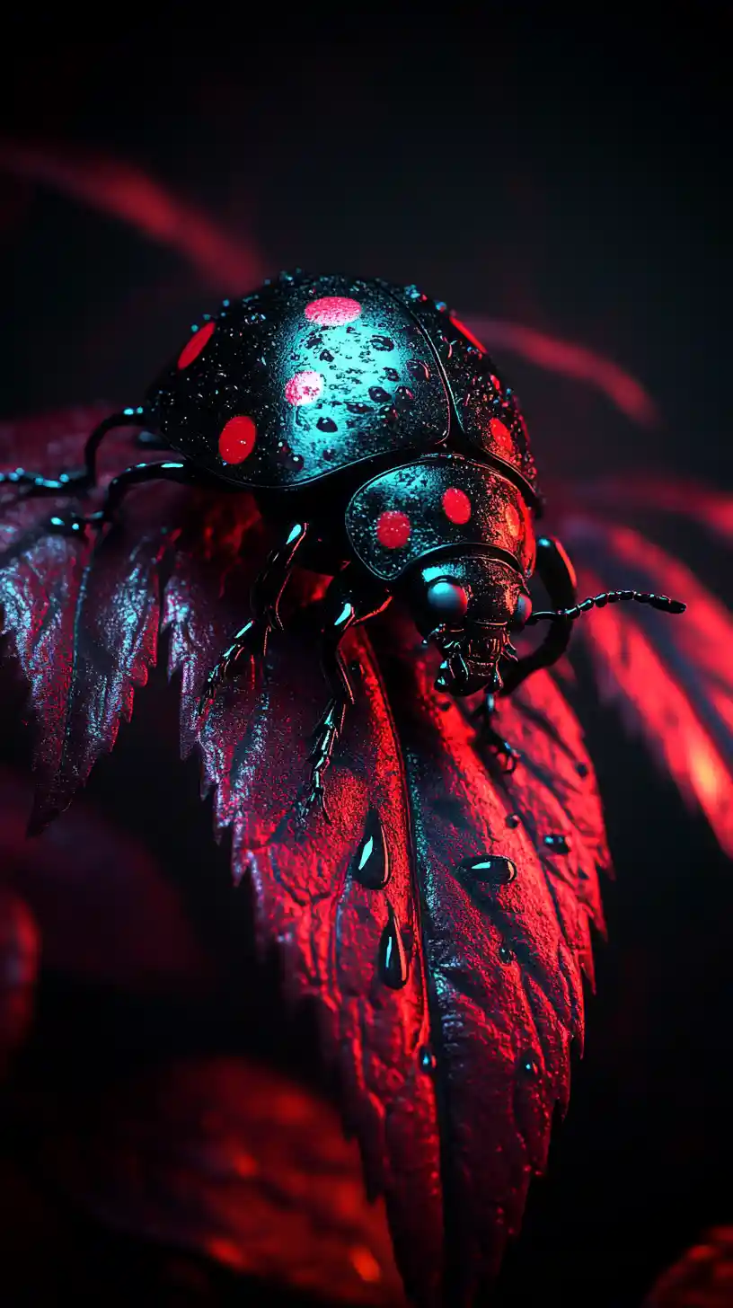 Ladybug With Water Droplets On Deep Red Leaf Close Up