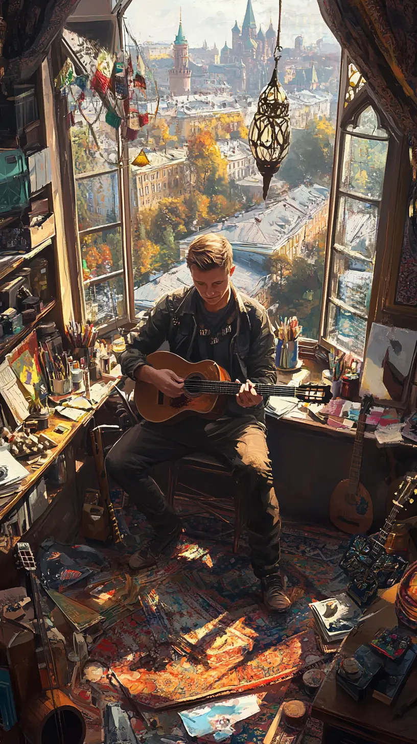 Russian man in cozy art filled cultural room