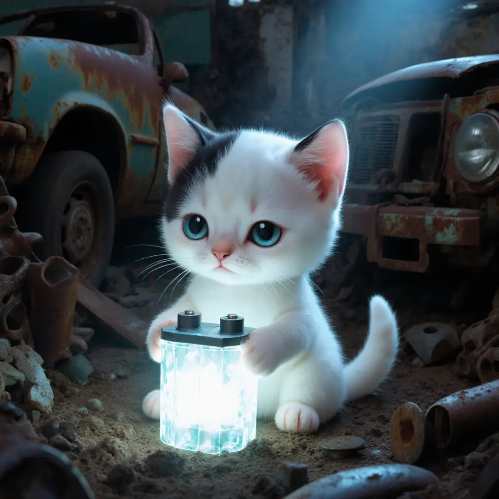 Tiny kitten with crystal battery in a glowing junkyard