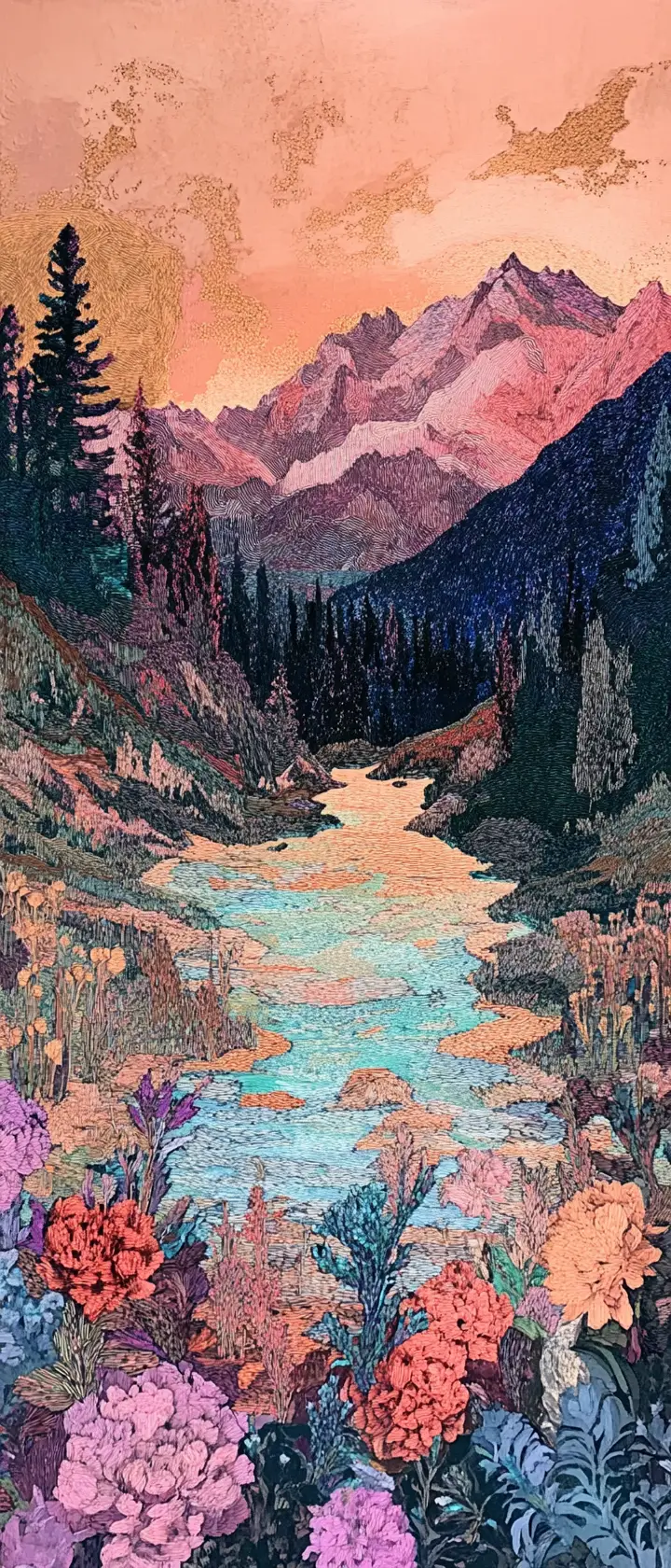 Mystical mountain meadows with glowing river at dusk