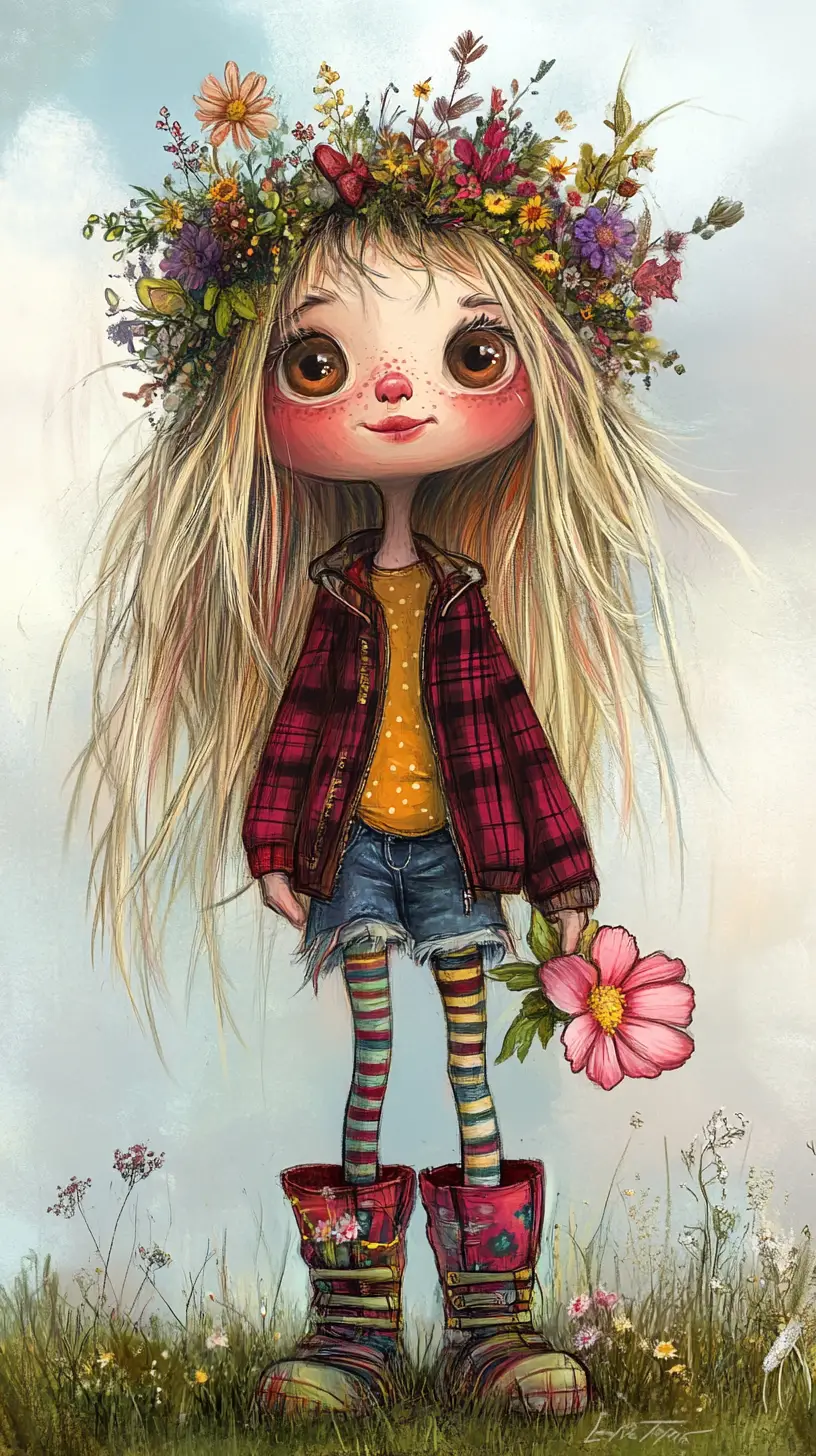Whimsical girl offering a pink flower in a field