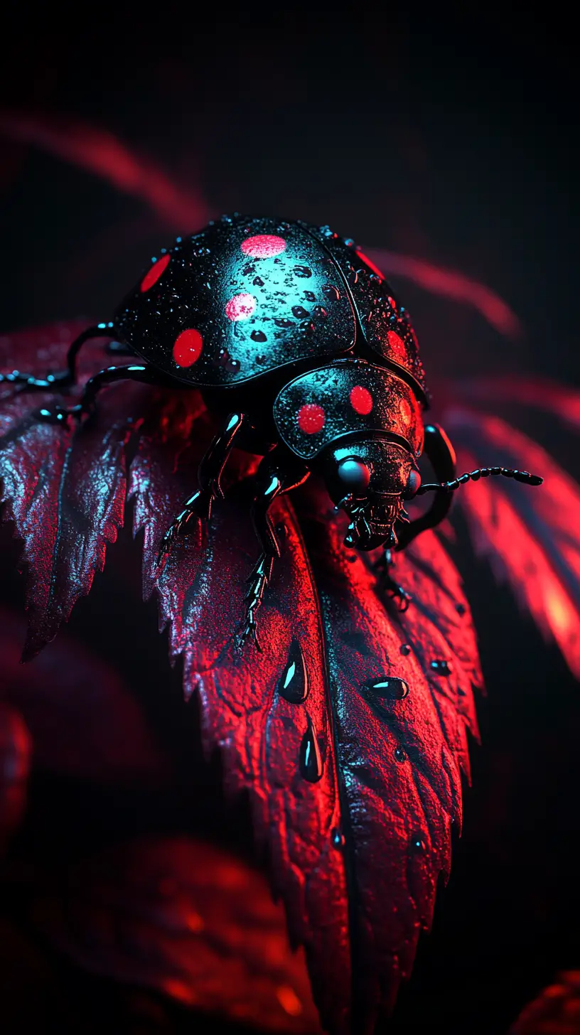 Ladybug With Water Droplets On Deep Red Leaf Close Up