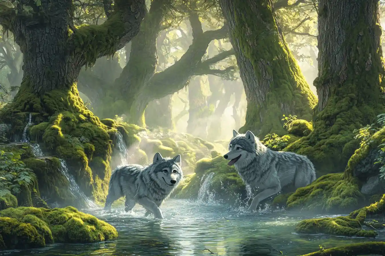 Playful wolves in a mossy forest creek cartoon scene