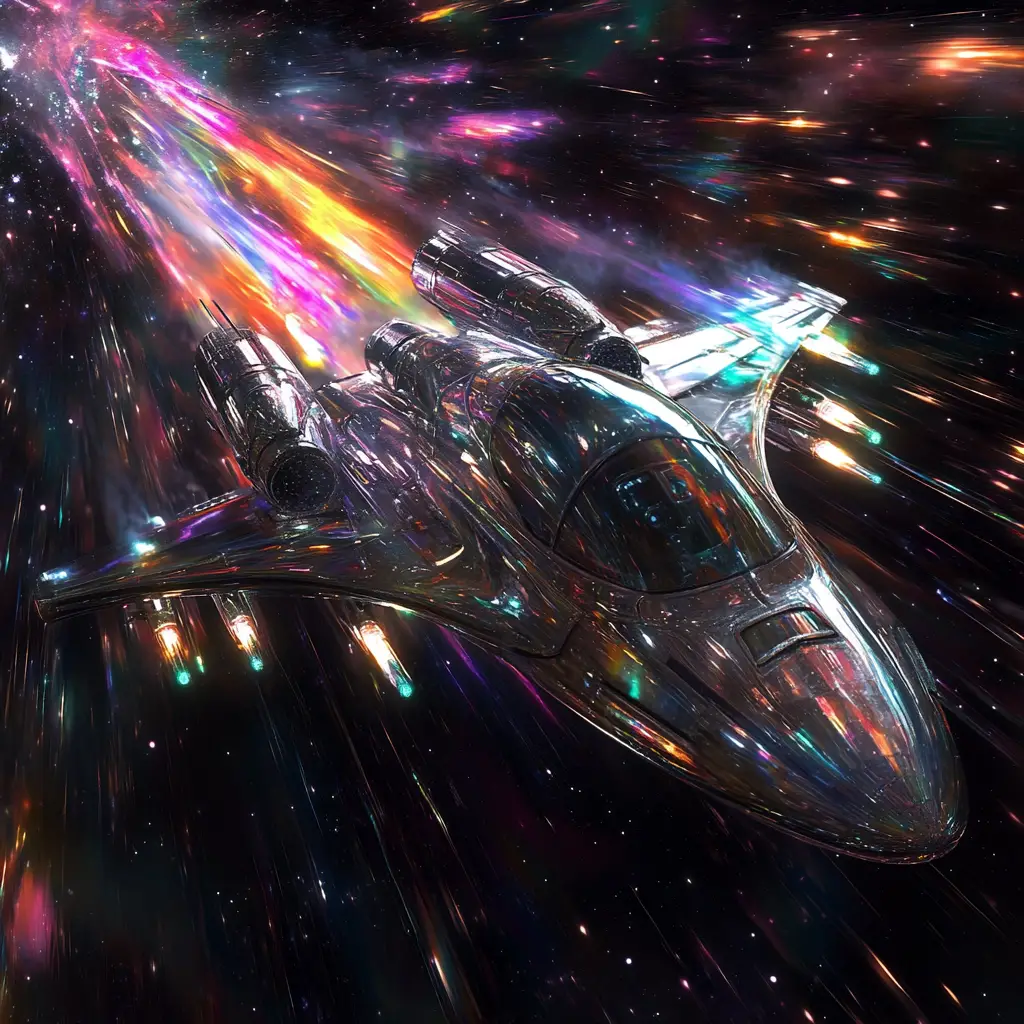 Silver spacecraft racing through neon rainbow space