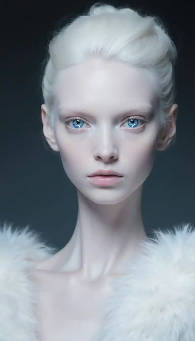 Pale woman with crystal blue eyes and white fur