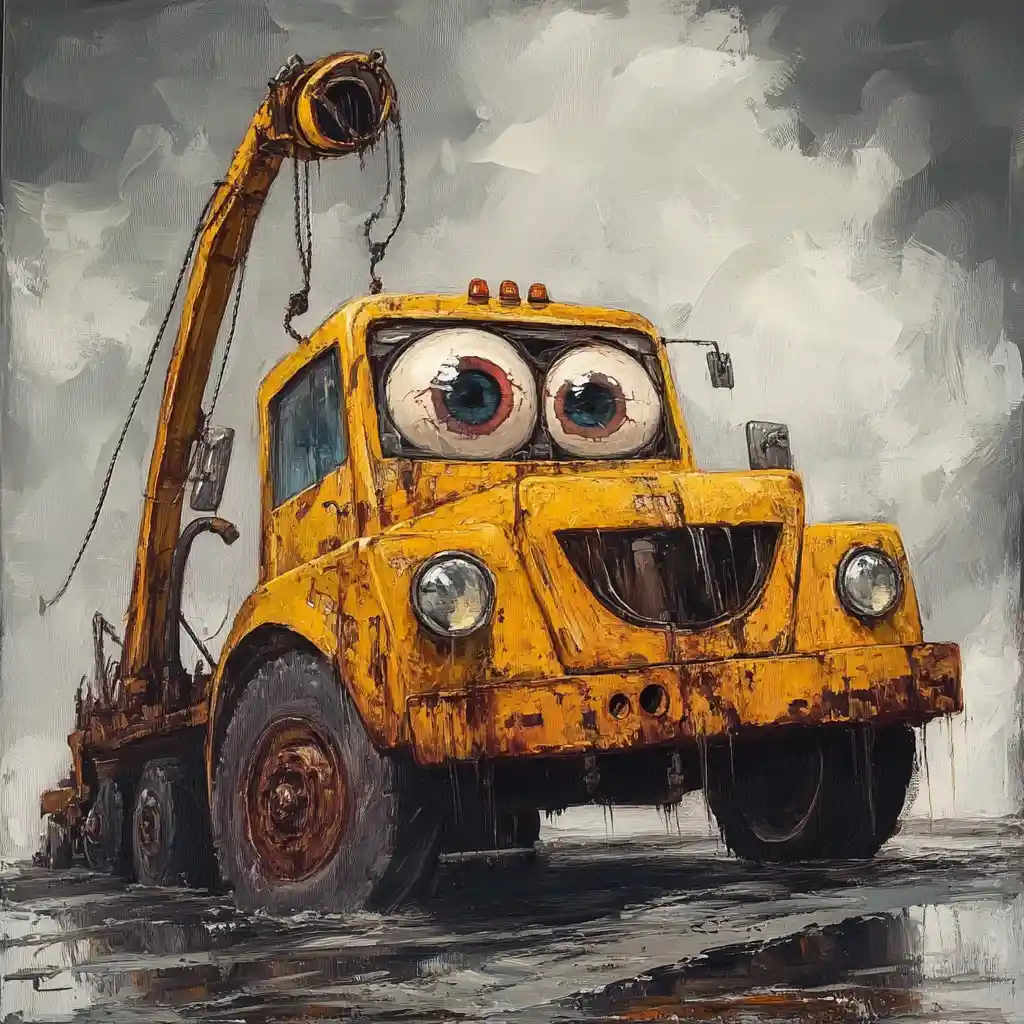 One eyed man driving a bright yellow tow truck
