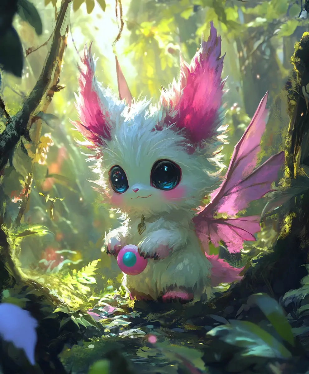 Chibi moogle with lollipop in an enchanted forest