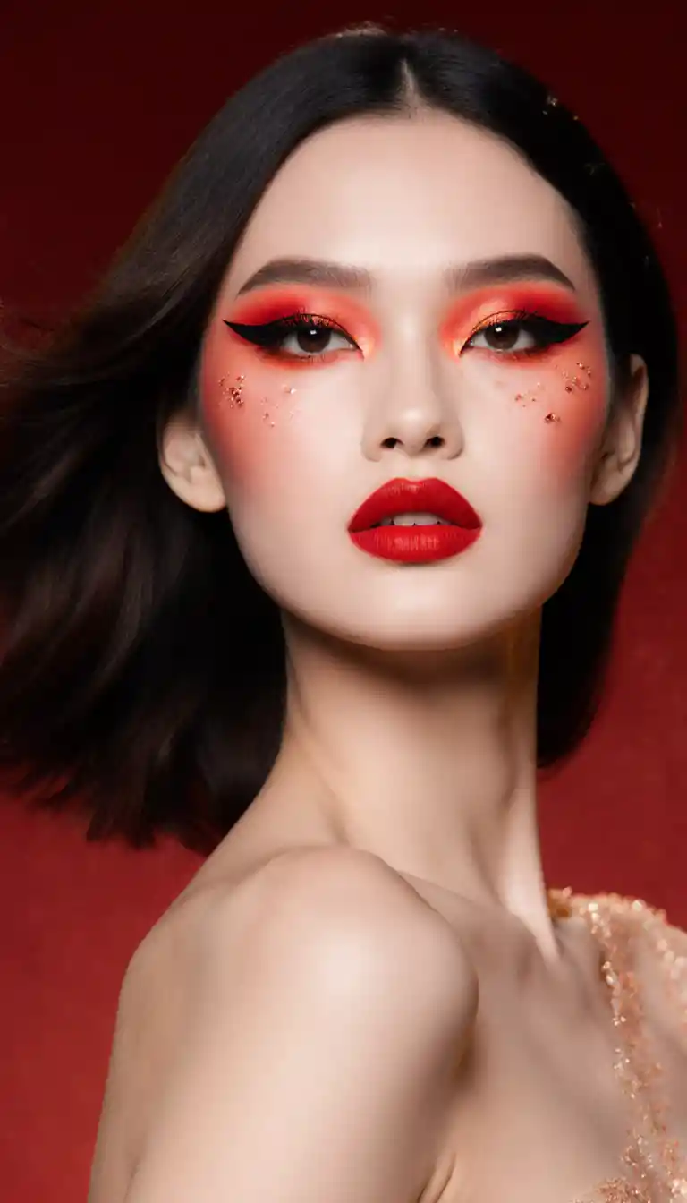 Glamorous fashion woman with creative red makeup look