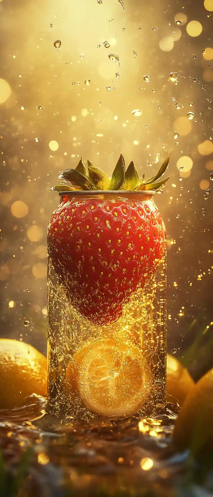 Soda can mockup with water splashes and lemons outdoors