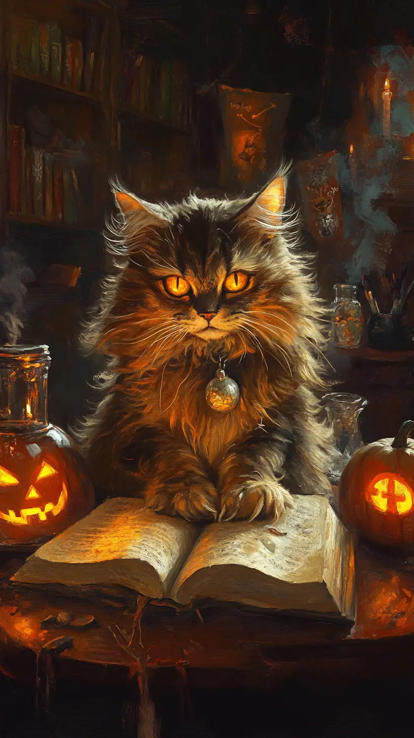 Witchy cat with glowing eyes in a candlelit library