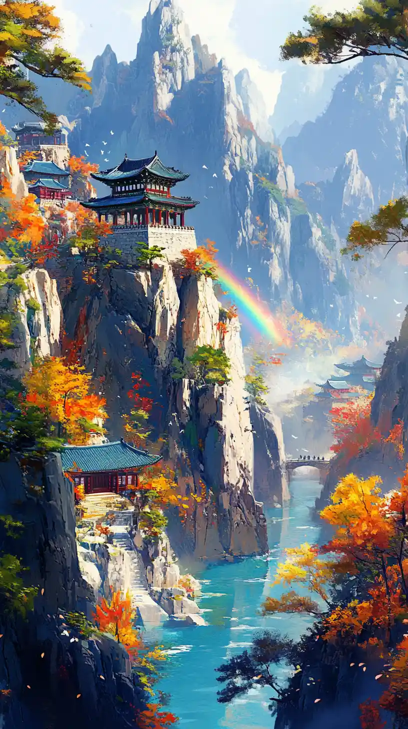Mountain Temples Above Blue River In Autumn Landscape