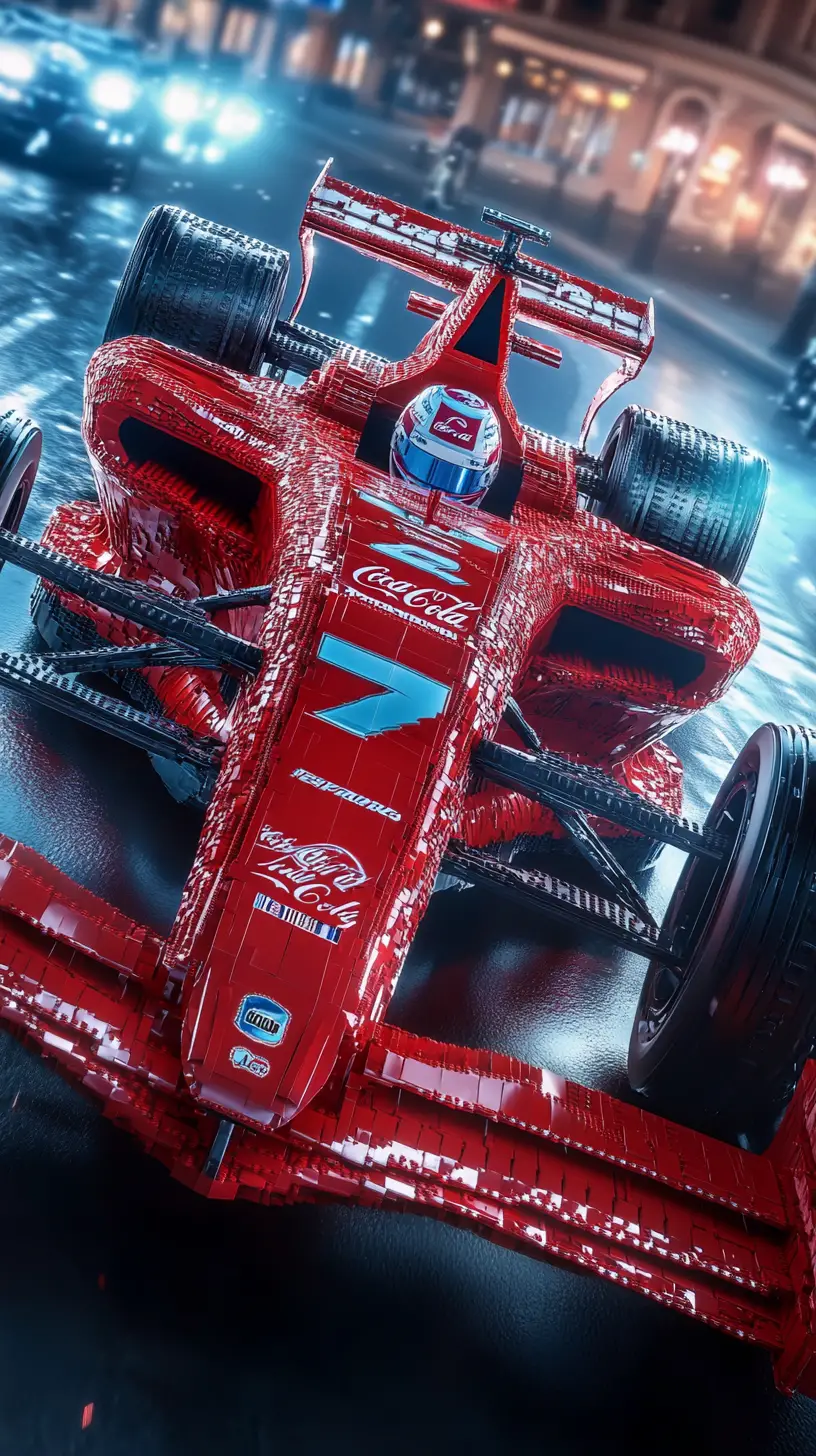 Top down view of a realistic lego formula one race car
