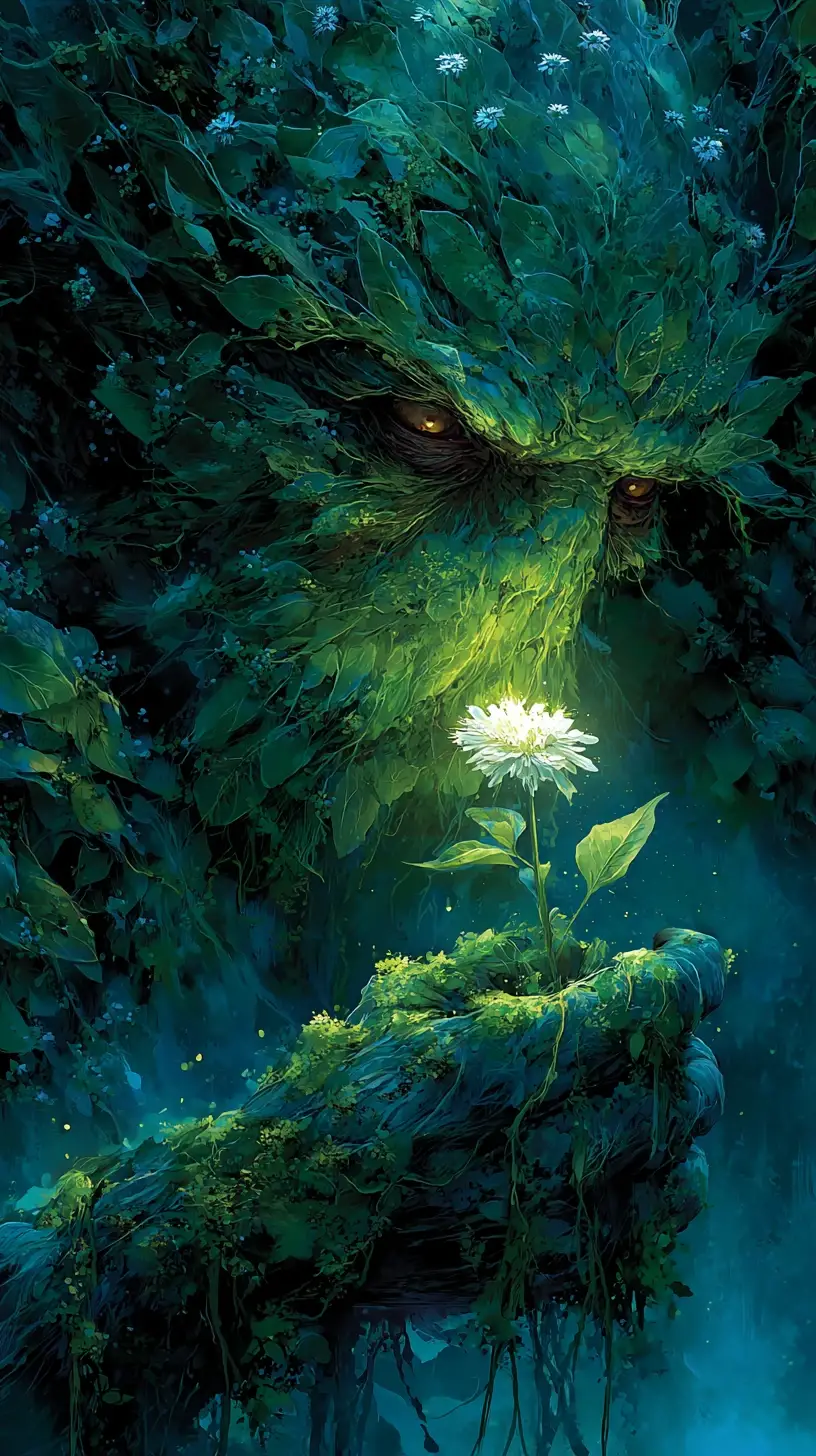 Moss creature grieving over a fading star flower