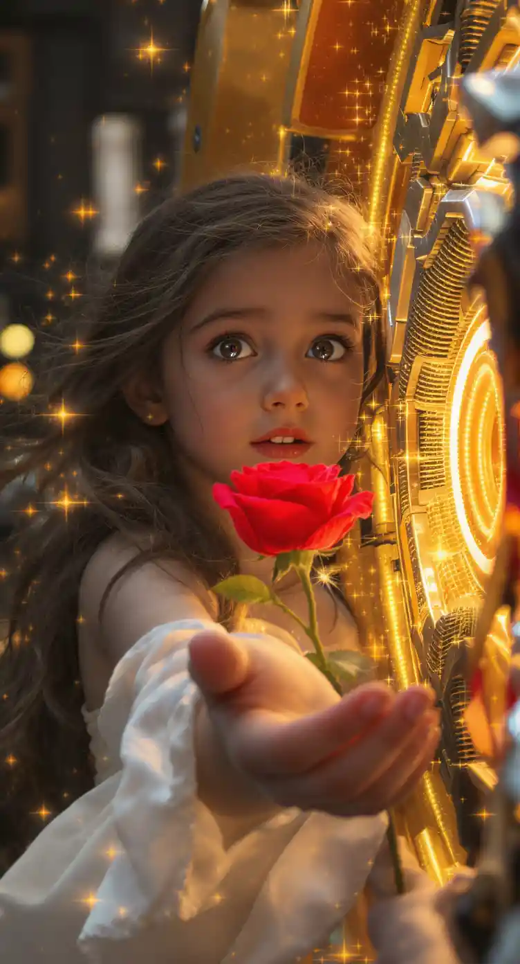Young girl offering a red rose to a glowing core
