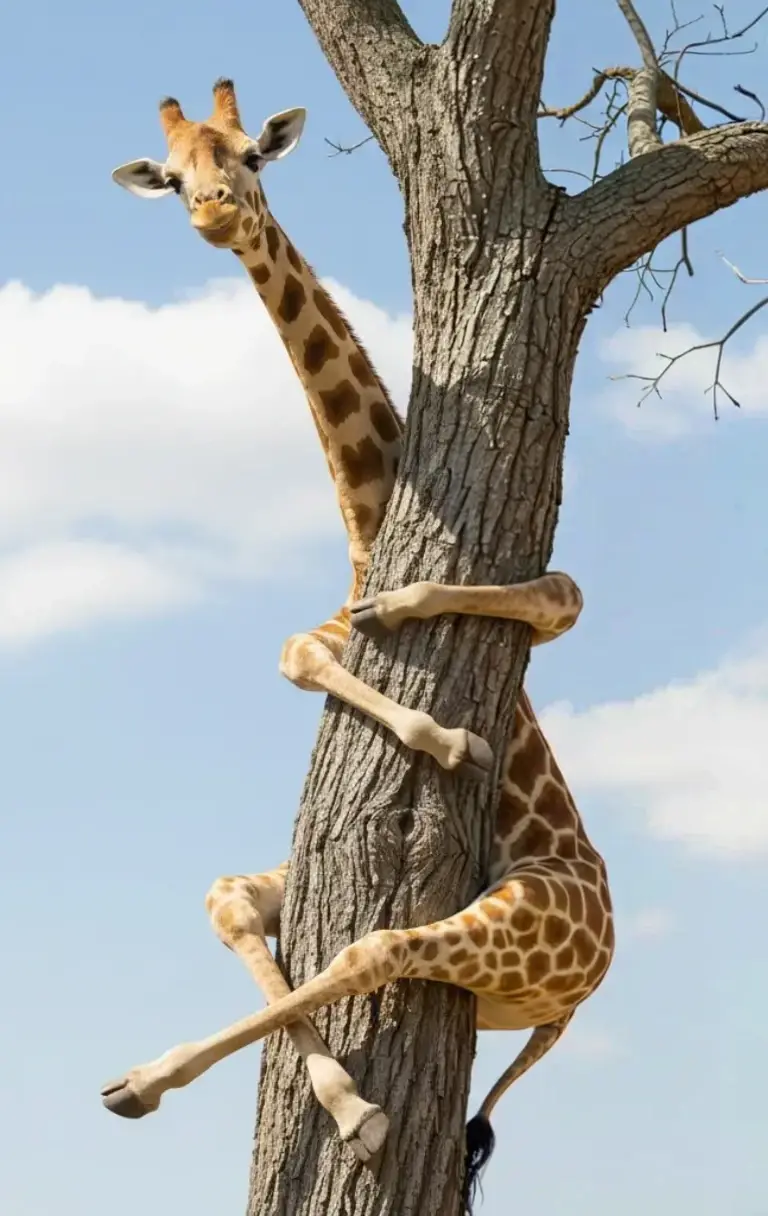 Playful giraffe climbing a baobab tree in blue sky
