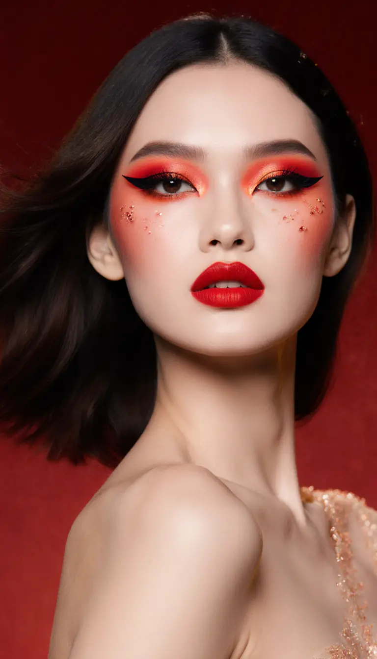 Glamorous fashion woman with creative red makeup look