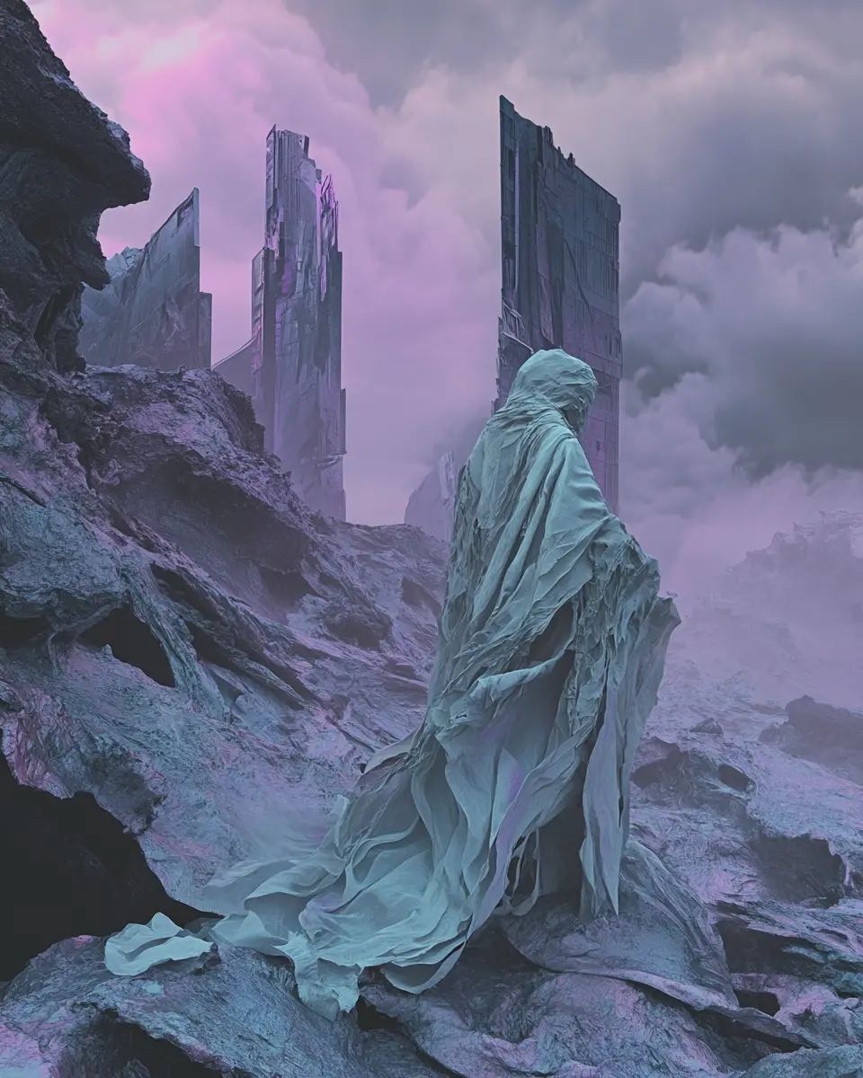 Lone woman in tattered robes in surreal urban wasteland