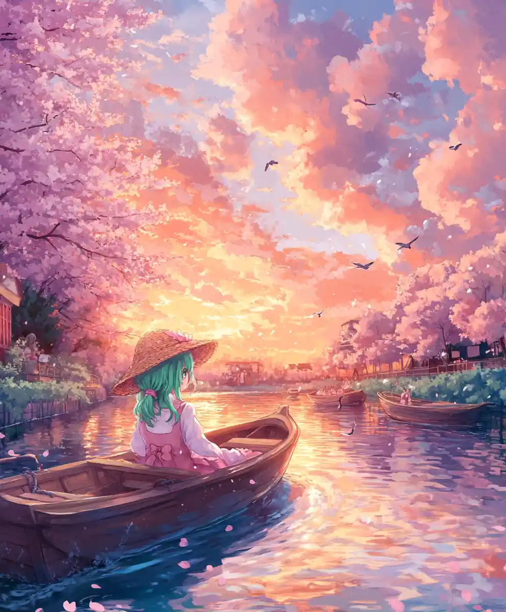 Anime girl drifting in a boat on a tranquil sunset river