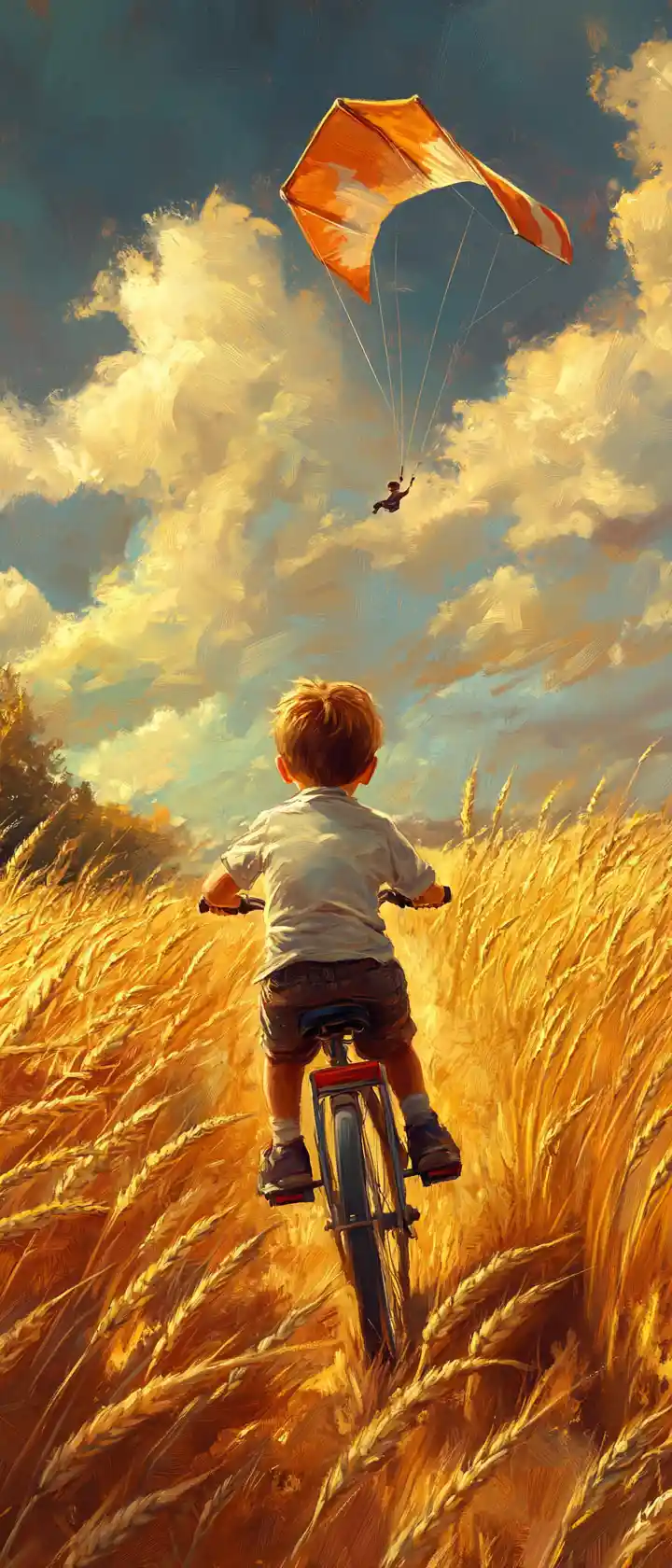 Boy Cycling Through Wheat Field With Kite At Golden Hour