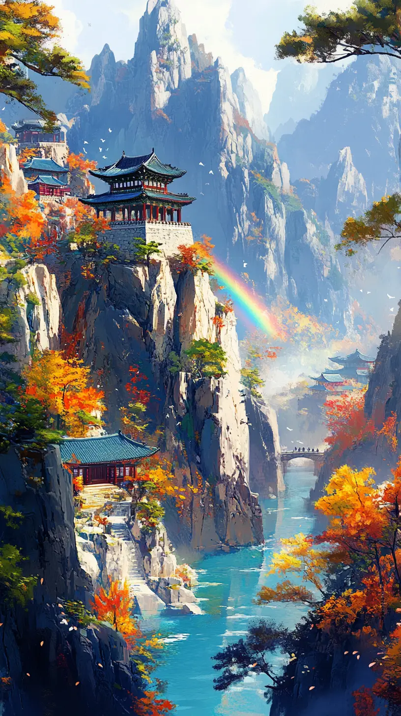Mountain Temples Above Blue River In Autumn Landscape