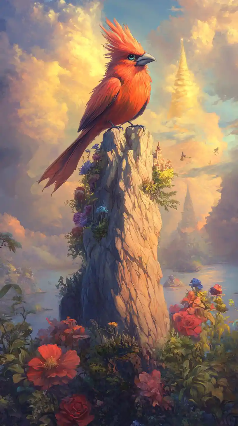 Majestic bird overlooking a surreal fantasy kingdom