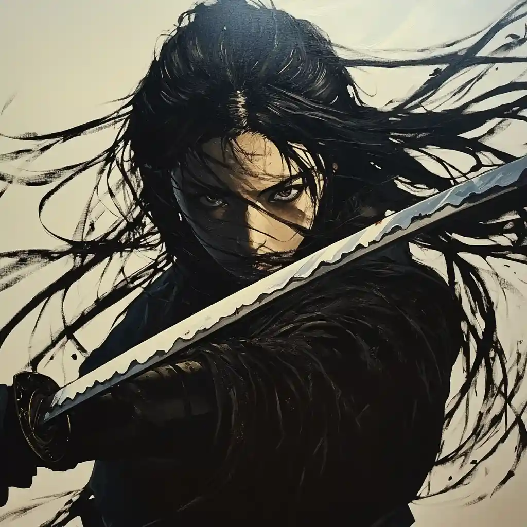 Anime female warrior with sword in dramatic close up