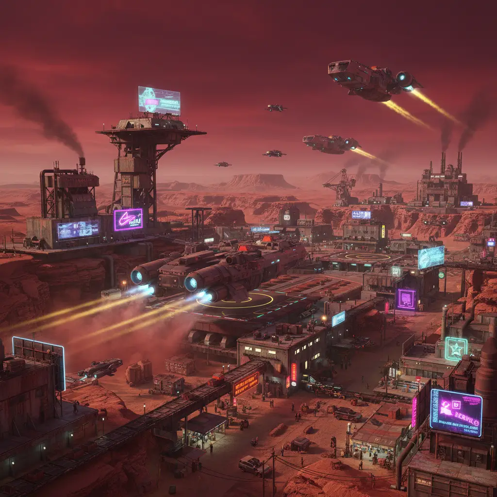 Neon drenched offworld mining town in crimson desert