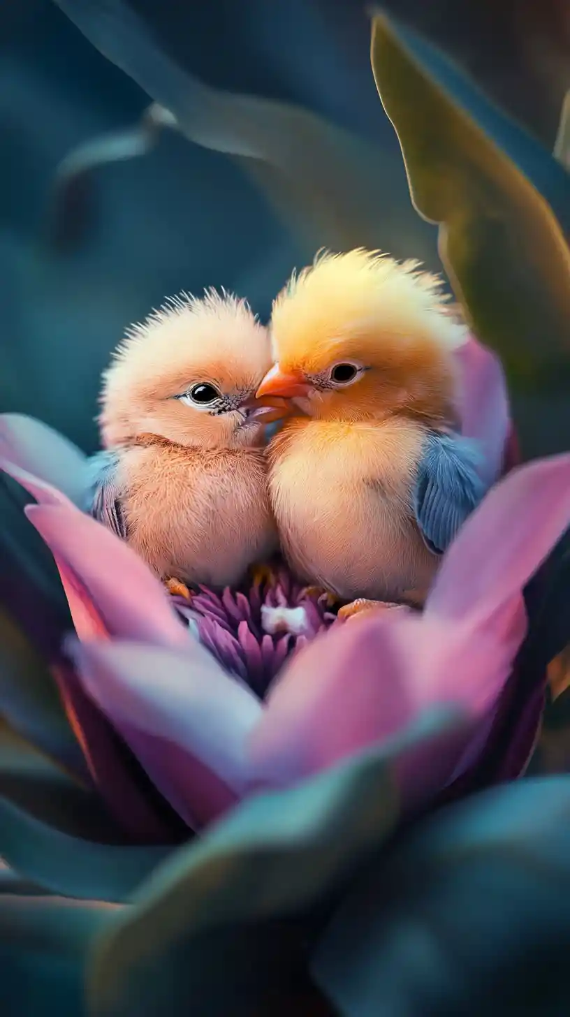 Two fluffy birds cuddling together inside a flower
