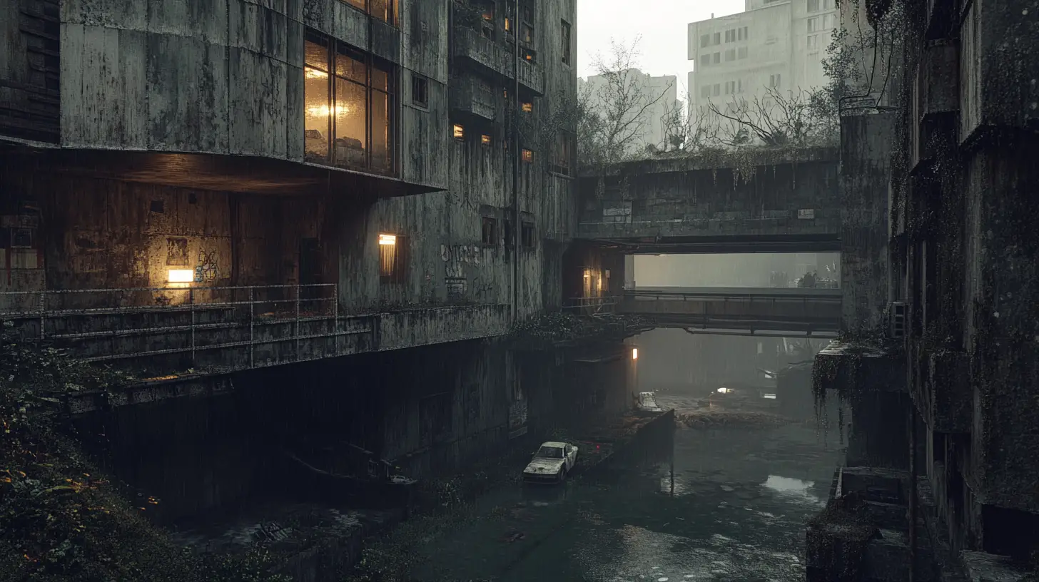 Brutalist palace beside a decaying urban neighborhood street