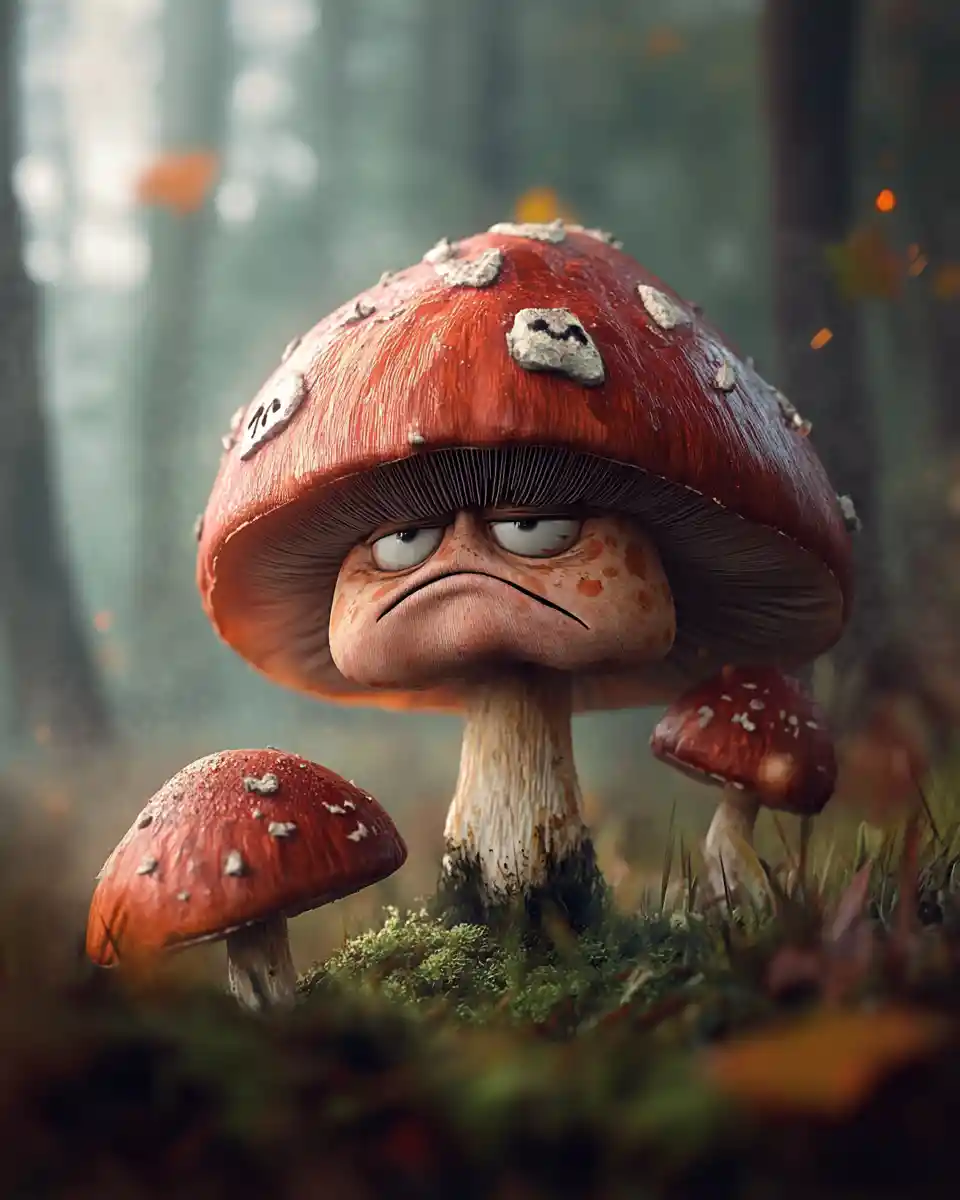 Grumpy mushroom character in a whimsical fantasy cartoon scene