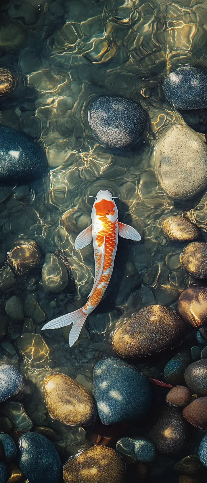 Single koi fish in a clear stream anime illustration