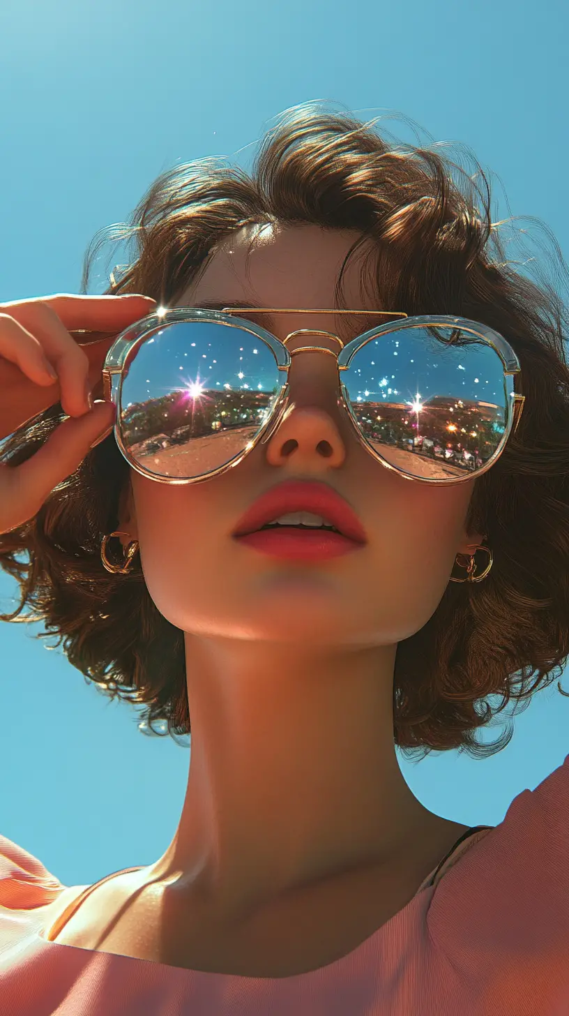 Stylized woman adjusting sunglasses under a clear blue sky