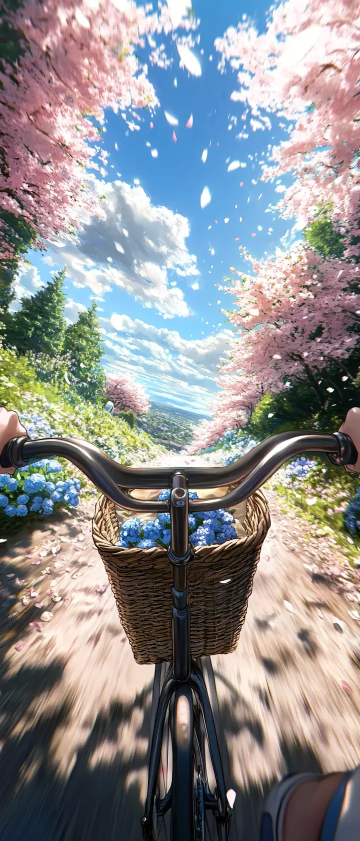 Anime girl cycling along a flower lined country path