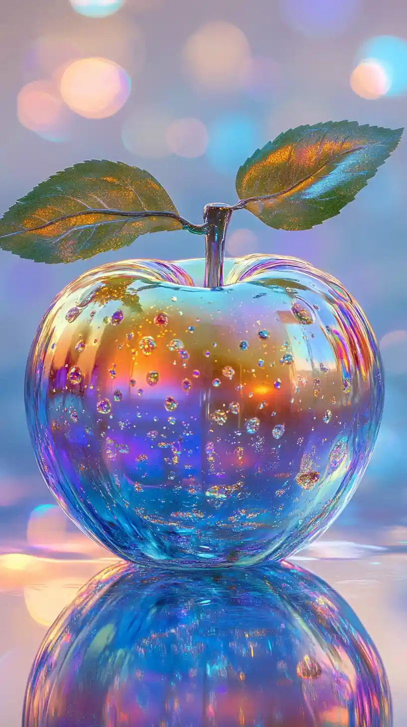 Pomme en verre irisée brillant sur une surface réfléchissante