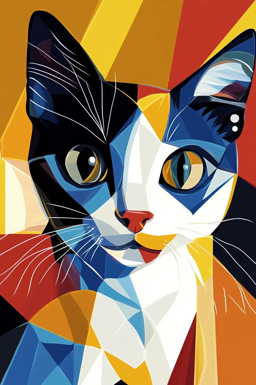 Gatto geometrico cubista in vivaci blocchi di colore astratto