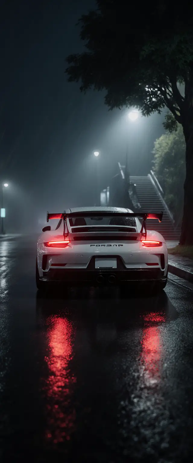 White sports car on a rainy city street at night