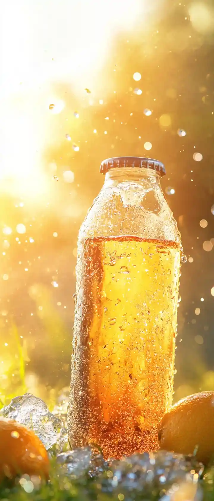Soda can mockup with water splashes and lemons on grass
