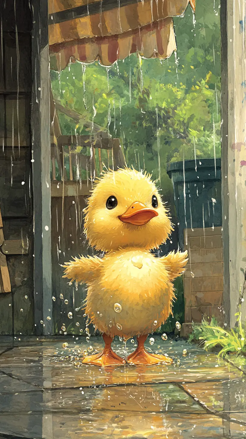 Wet duckling with birthday balloon on a rainy porch