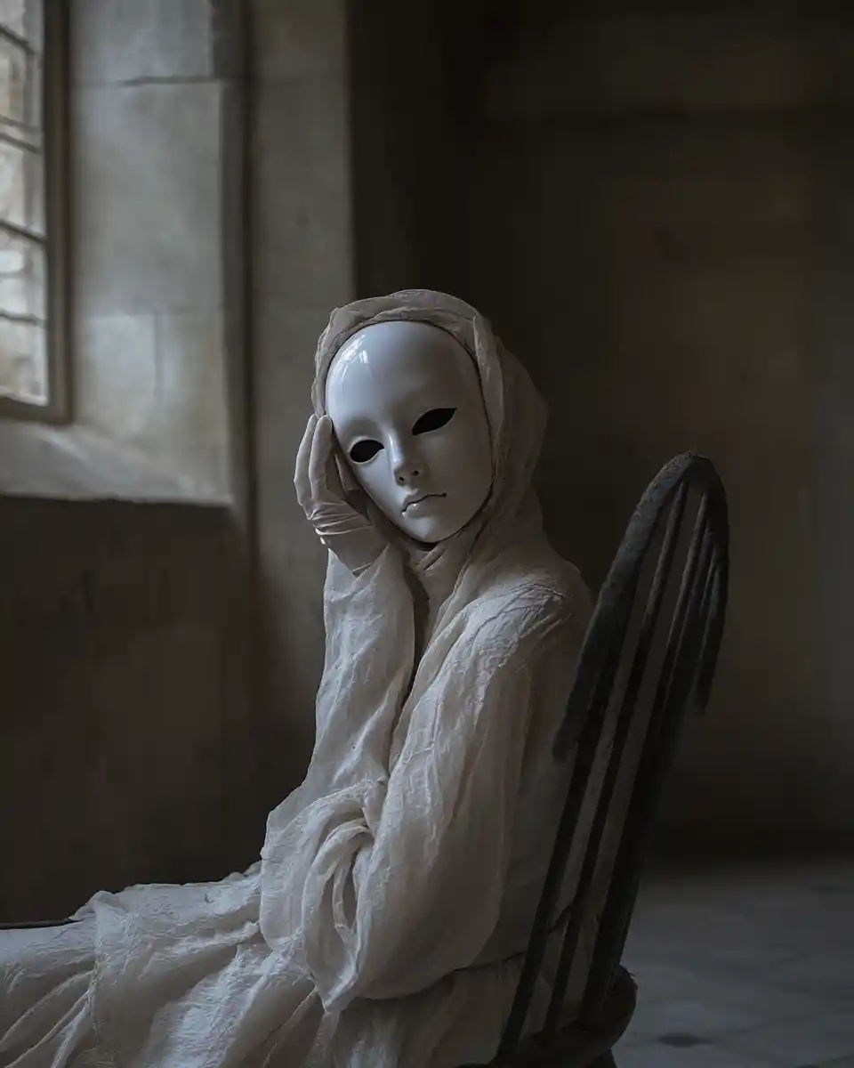 Surreal Woman In Porcelain Mask In An Abandoned Cathedral