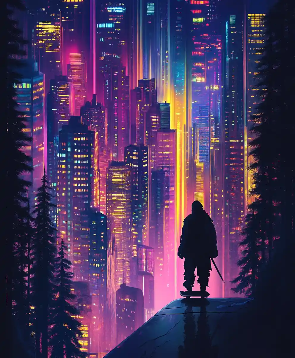 Lonely Grim Reaper On Skateboard Facing Futuristic Night City