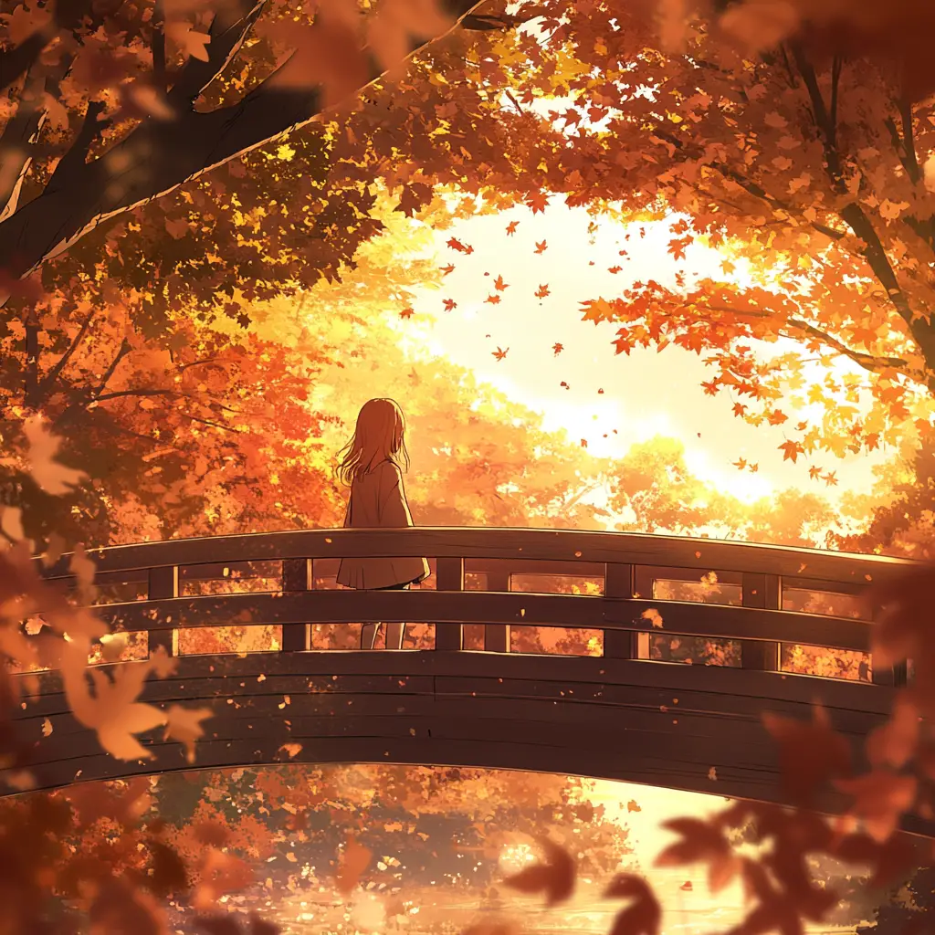 Anime girl on wooden bridge in autumn afternoon