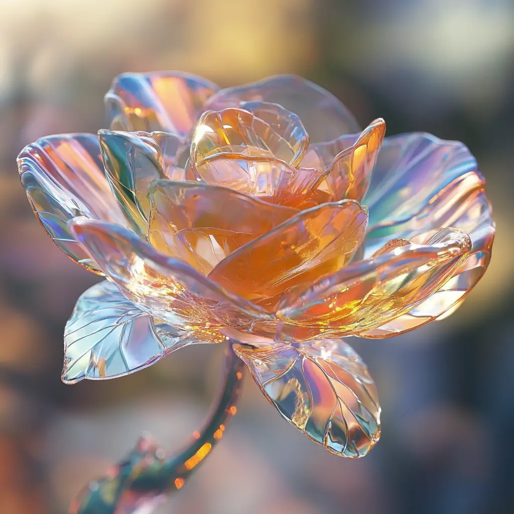 Rose en verre suspendue dans la lumière au halo éthéré