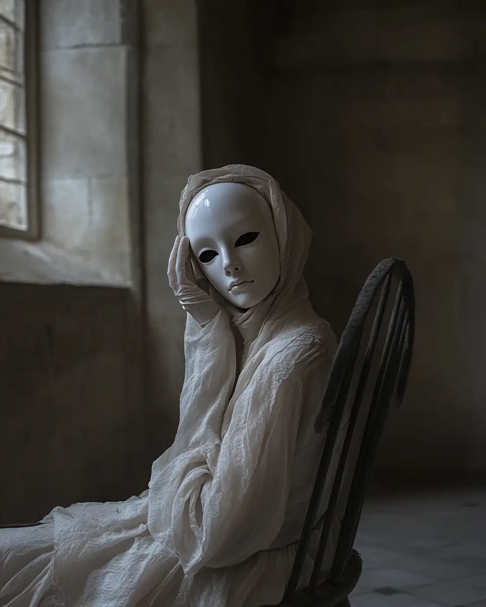 Surreal Woman In Porcelain Mask In An Abandoned Cathedral