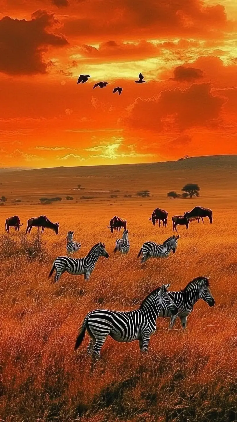Zebras And Antelopes Grazing On An African Grassland At Sunset