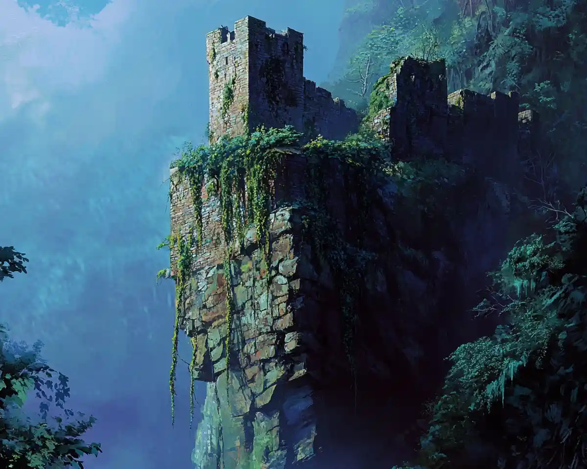 1950s cartoon castle on a cliff in cold forest