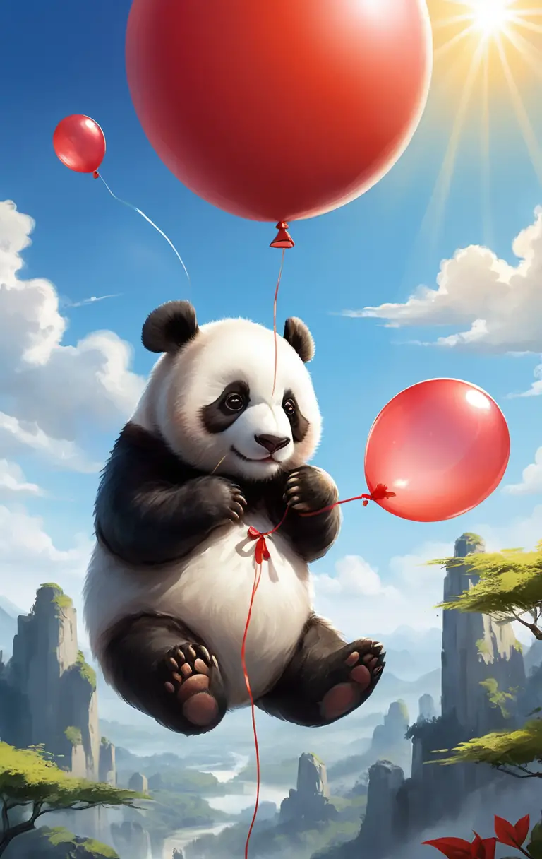 Panda teddy bear floating with a red balloon in sky